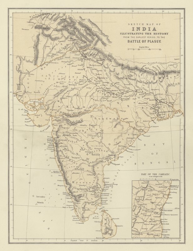 Skissekart over India som illustrerer historien fra den tidligste perioden til slaget ved Plassy av English School