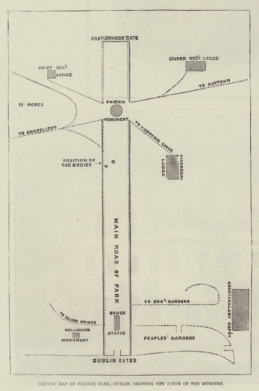 Skissekart over Phoenix Park, Dublin, som viser scenen for mordene (gravering) av English School
