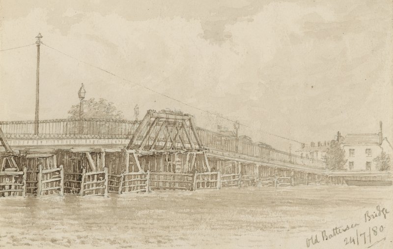 Skisse av gamle Battersea Bridge (wc på papir) av English School