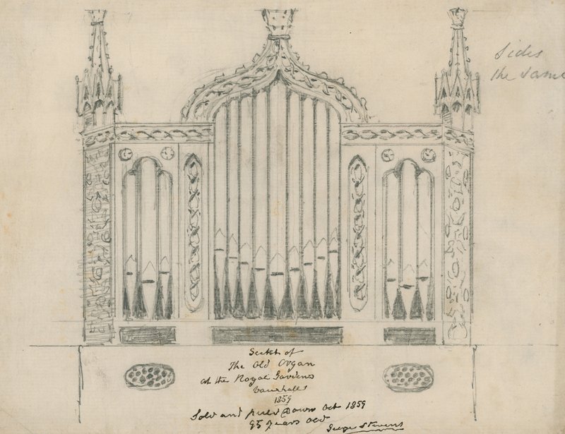 Skisse av det gamle orgelet ved Royal Gardens (Vauxhall Gardens, London) av English School
