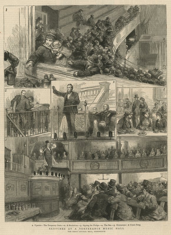 Skisser i en Temperance Music Hall, The Great Central Hall, Bishopsgate av English School
