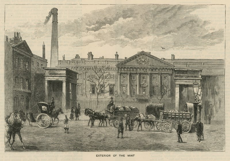 Skisser ved Royal Mint, Tower Hill; utsiden av myntverket av English School