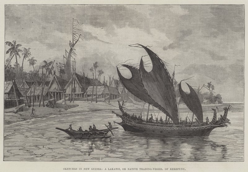 Skisser i New Guinea, et Lakatoi, eller innfødt handelsfartøy, av Kerepunu (gravering) av English School
