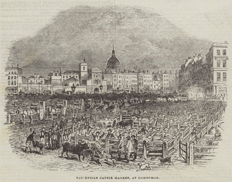 Smithfield Cattle Market, til jul (gravering) av English School