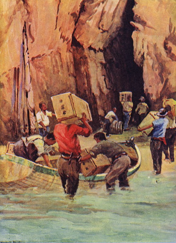 Smuglere gjemmer smuglergodset i huler (farge litho) av English School