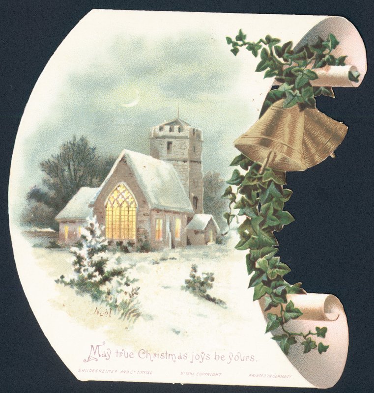 Snøscene og kirke, julekort av English School