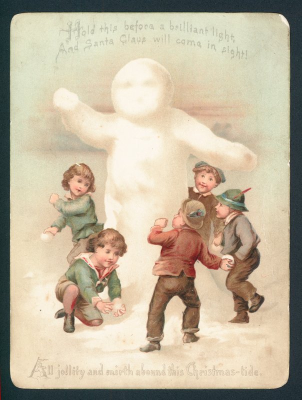 Snømann, barn og snøballer, julekort av English School