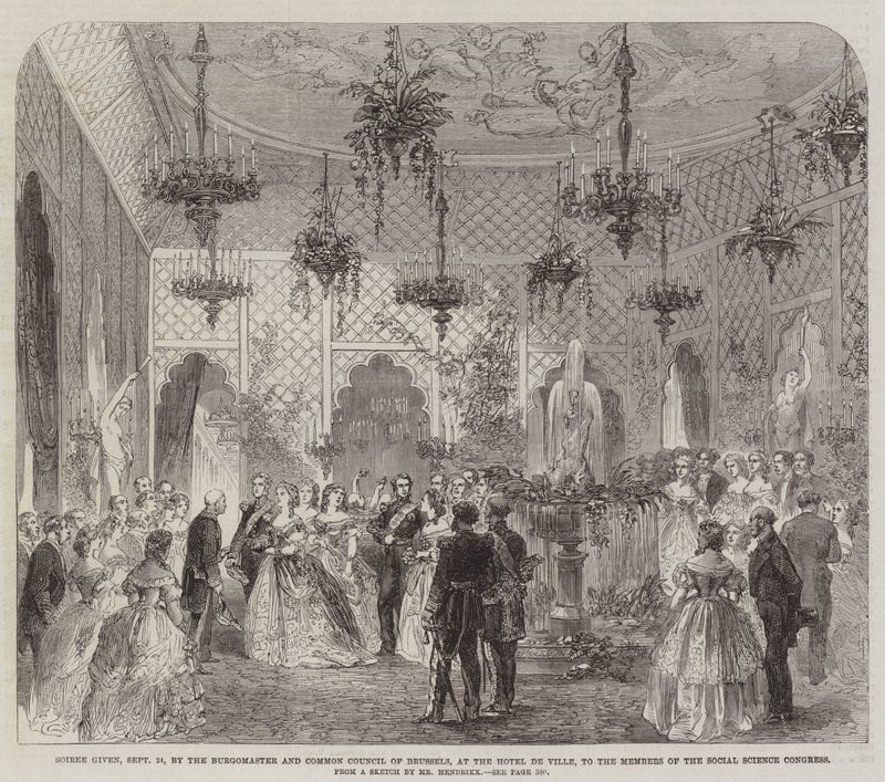Soiree gitt, 24. september, av Burgomaster and Common Council of Brussel, på Hotel de Ville, til medlemmene av den samfunnsvitenskapelige kongressen (gravering) av English School