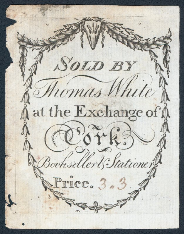 Selges av Thomas White på Exchange of Cork, bokhandler og kontorist, handelskort av English School