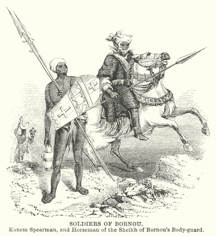 Soldater fra Bornou, Kanem Spearman og rytter fra Sheikh av Bornous livvakt (gravering) av English School