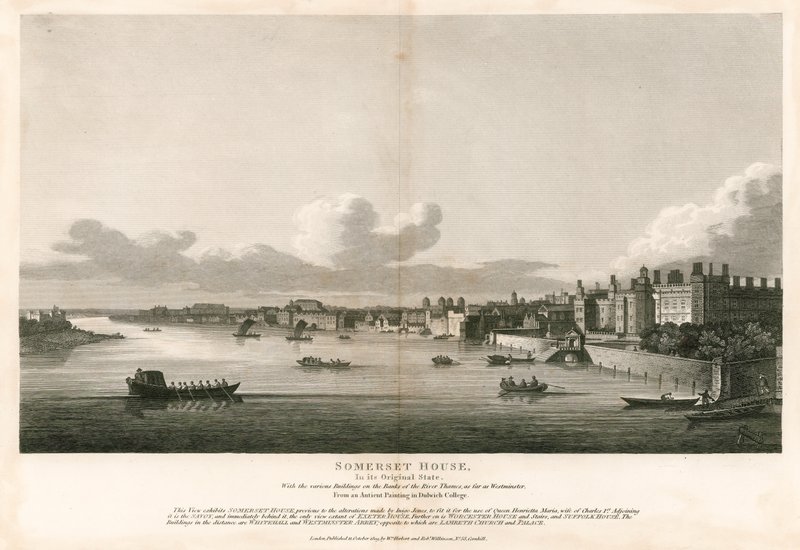 Somerset House, London, i sin opprinnelige tilstand med de forskjellige bygningene ved bredden av Themsen så langt som til Westminster av English School