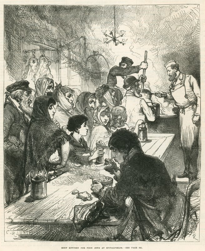 Suppekjøkken for fattige jøder i Spitalfields, London av English School