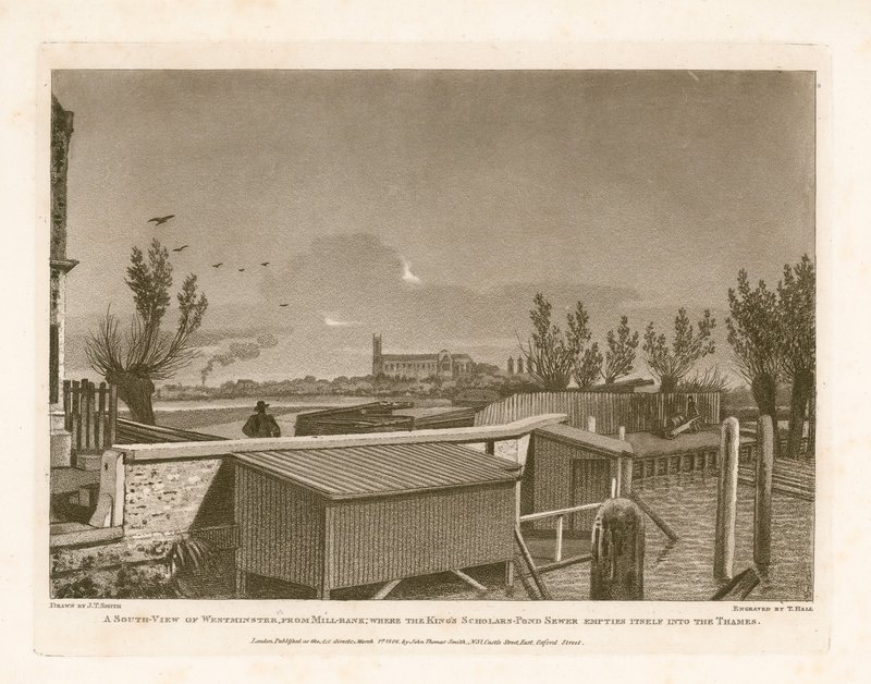 South View of Westminster fra Millbank hvor Kings Scholars Pond Sewer munner ut i Themsen av English School