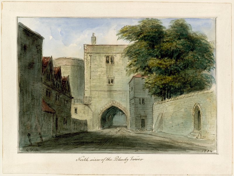 South View of the Bloody Tower (wc på papir) av English School