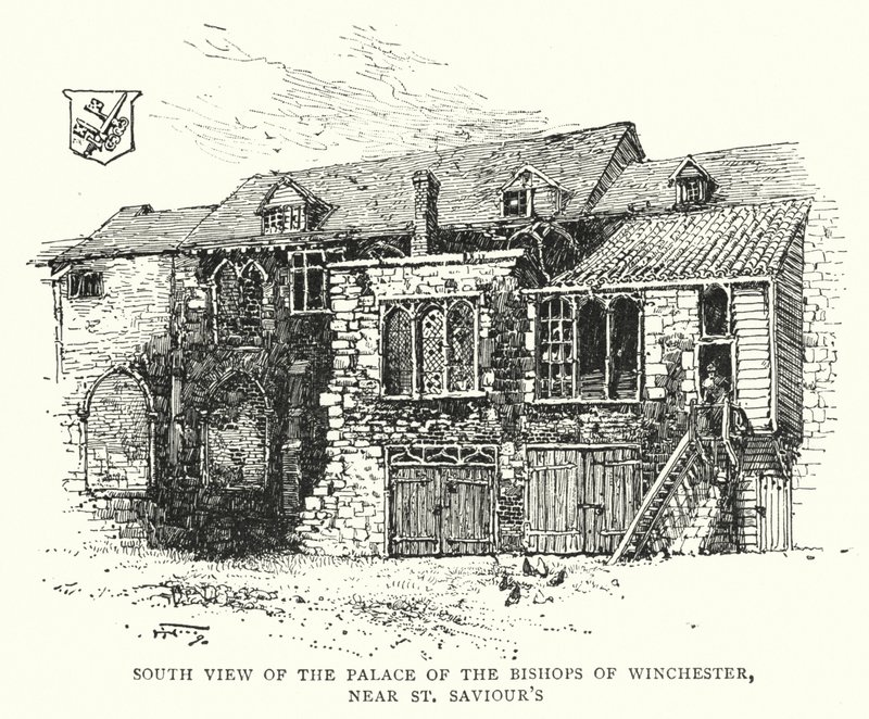 Sørutsikt over Palace of the Bishops of Winchester, nær St Saviour's (gravering) av English School