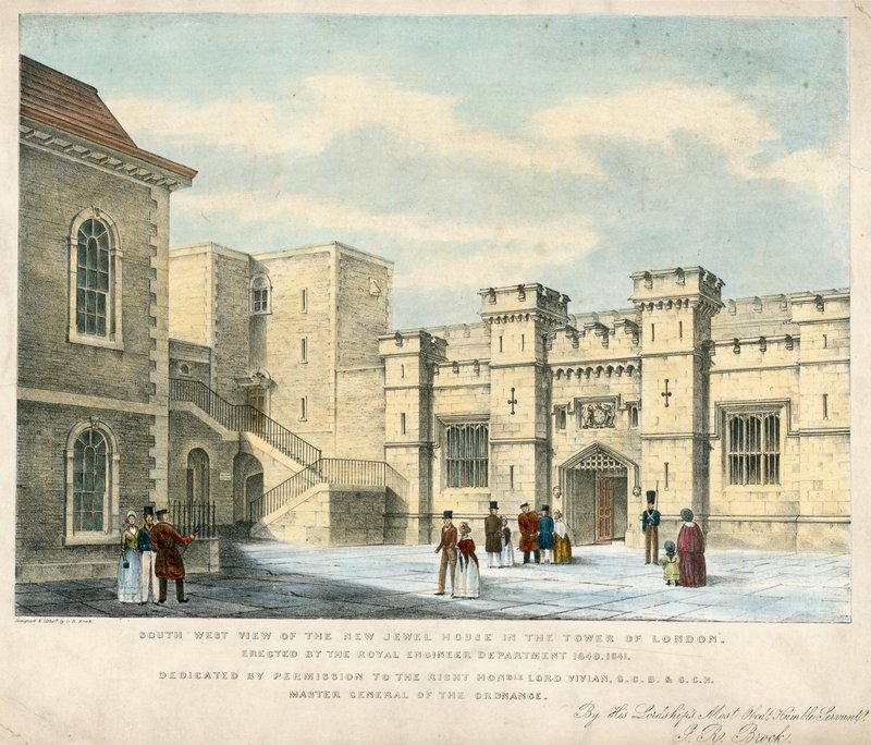 South West View av New Jewel House i Tower of London, reist 1840-41 av English School