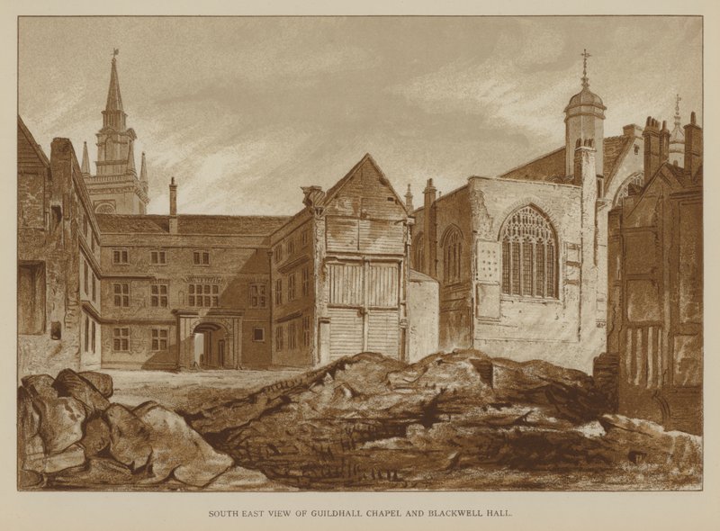 Sørøst utsikt over Guildhall Chapel og Blackwell Hall, City of London av English School