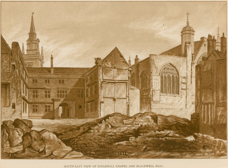 Sørøst utsikt over Guildhall Chapel og Blackwell Hall, London av English School