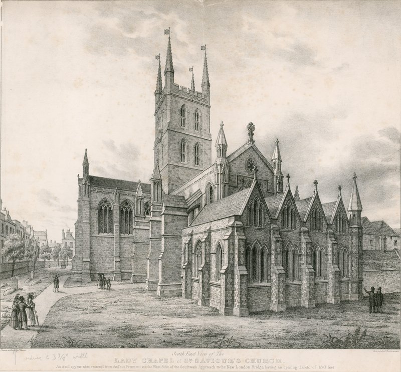 Sørøst utsikt over Lady Chapel, St Savios Church, Southwark av English School