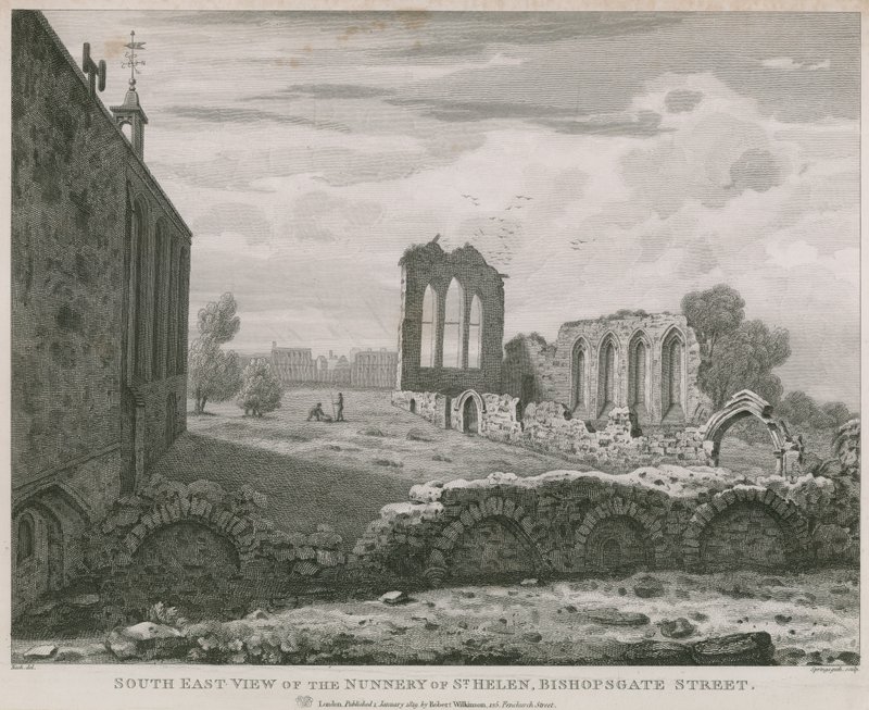 Sørøst-utsikt over Nunnery of St Helen, Bishopsgate Street, London av English School