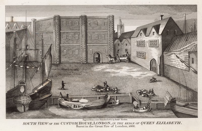 Sørvisning av Custom House, London, under dronning Elizabeths regjeringstid av English School