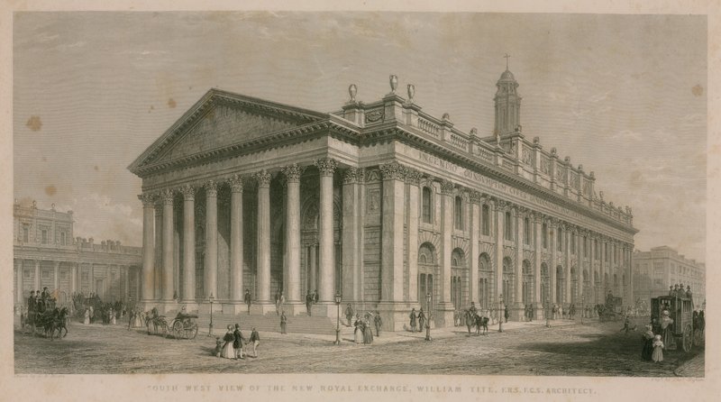 Sørvest-utsikt over den nye Royal Exchange, London av English School
