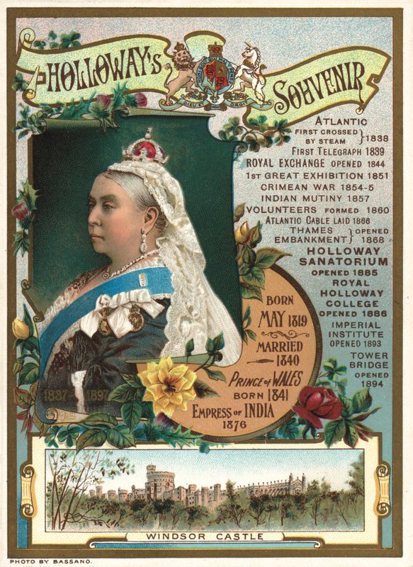 Suvenir fra dronning Victorias diamantjubileum i 1897 som viser nøkkelbegivenhetene under hennes regjeringstid (chromolitho) av English School