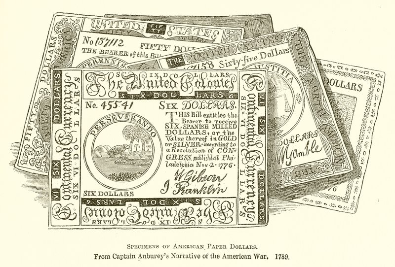 Eksemplarer av amerikanske papirdollar av English School