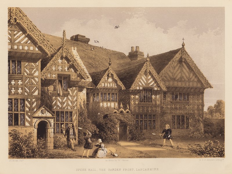 Speke Hall, Garden Front, Lancashire (akvatint) av English School