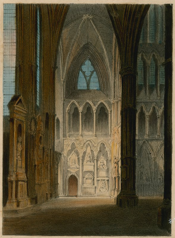 Spooners Protean Views: Poets Corner, Westminster Abbey, London, Changing to The Shades of Shakespeare, Scott og Byron av English School
