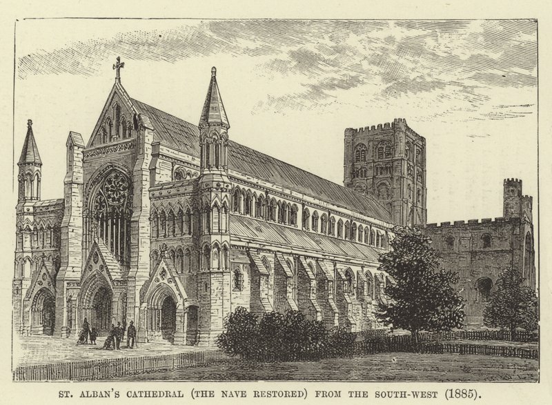 St Albans Cathedral, skipet restaurert, fra sør-vest, 1885 av English School