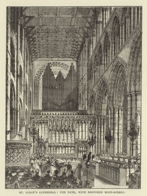 St Albans Cathedral, kirkeskipet, med restaurert takskjerm av English School