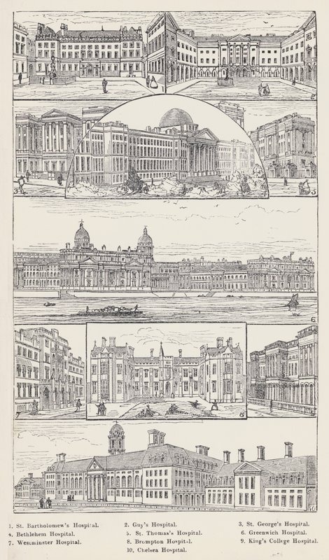 St Bartholomew's Hospital, Guy's Hospital, St George's Hospital, Bethlehem Hospital, St Thomas's Hospital, Greenwich Hospital, Westminster Hospital, Brompton Hospital, King's College Hospital, Chelsea Hospital (gravering) av English School