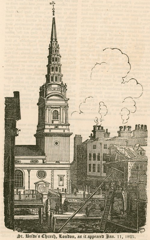 St Brides Church, Fleet Street, London, slik den så ut 11. januar 1825 av English School