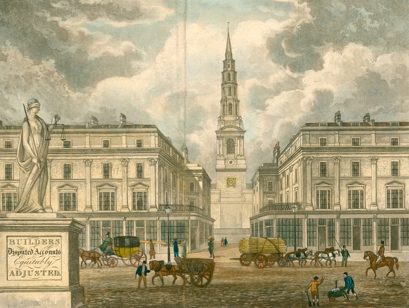St Brides Church, Fleet Street, London; fra en annonse for Z Skyring, landmåler, Primrose Street, Bishopsgate av English School
