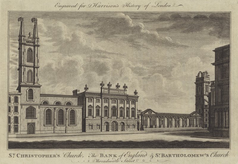 St Christopher's Church, Bank of England og St Bartholomew's Church, Threadneedle Street (gravering) av English School