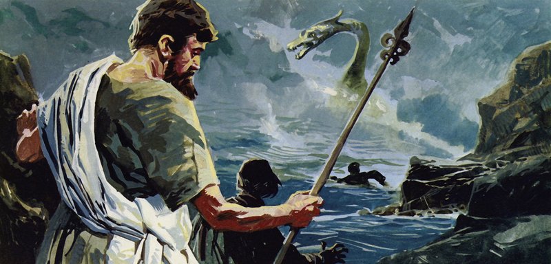St Columba kom til Loch Ness og så en mann som var blitt skadet av et stort vannmonster av English School