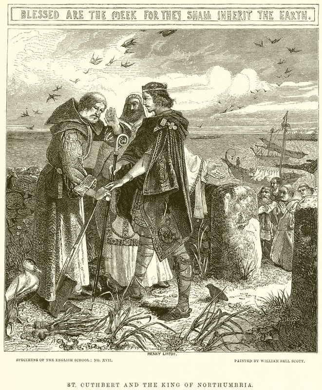 St. Cuthbert og kongen av Northumbria av English School