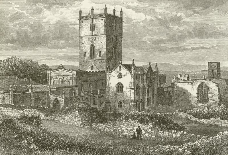 St Davids Cathedral og høyskolen, fra nordøst av English School