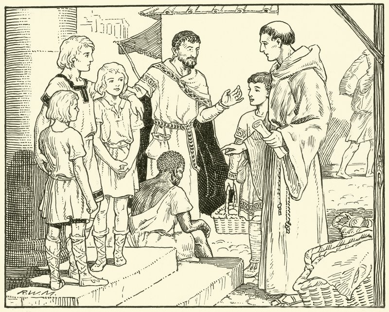 St. Gregory and the English Slaves (blekk på papir) av English School