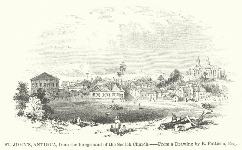 St. John#39;s, Antigua, fra forgrunnen av den skotske kirken (gravering) av English School