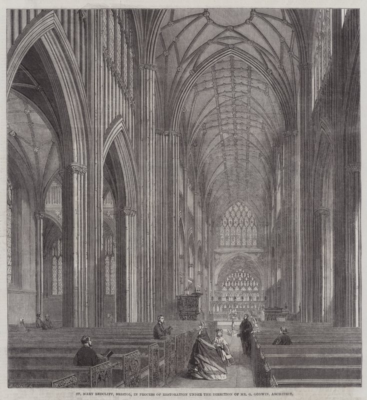 St Mary Redcliff, Bristol, under restaurering under ledelse av Mr G Godwin, arkitekt (gravering) av English School