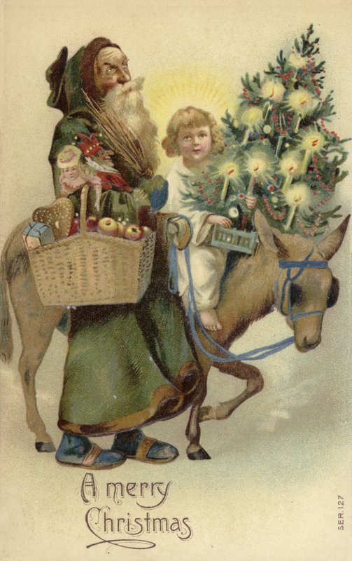 St Nicholas og Jesus Kristus, med juletre og gaver av English School
