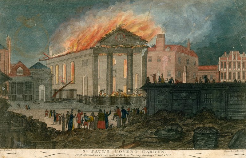 St Pauls Church, Covent Garden, London, slik den så ut i brann ved 8-tiden om kvelden 17. september 1795 av English School