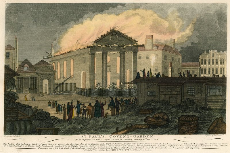 St Pauls, Covent Garden, London, slik den så ut i brann om kvelden 17. september 1795 av English School