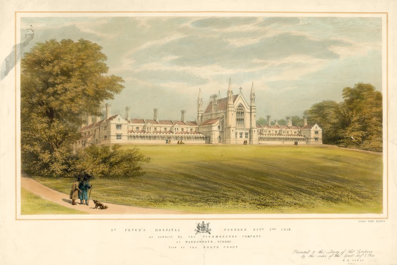 St Peters Hospital grunnlagt 2. oktober 1618, som gjenoppbygd av Fishmongers Company i Wandsworth, Surrey av English School