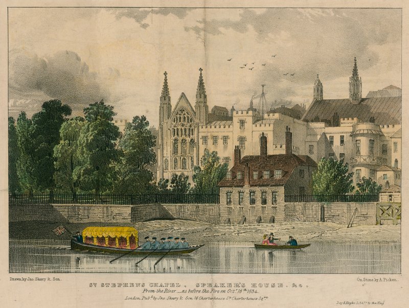 St Stephens Chapel, Speakers House, etc, Westminster, London, fra Themsen av English School