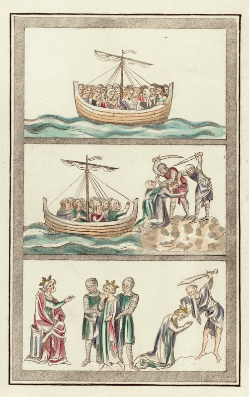 St Ursula med sine jomfruelige følgesvenner, St Ursulas martyrium, Martyrdom of St Alban (farget gravering) av English School