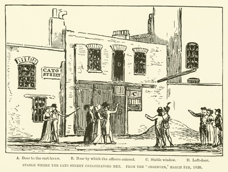 Stall der Cato Street Conspirators møttes, fra Observer, 5. mars 1820 (gravering) av English School