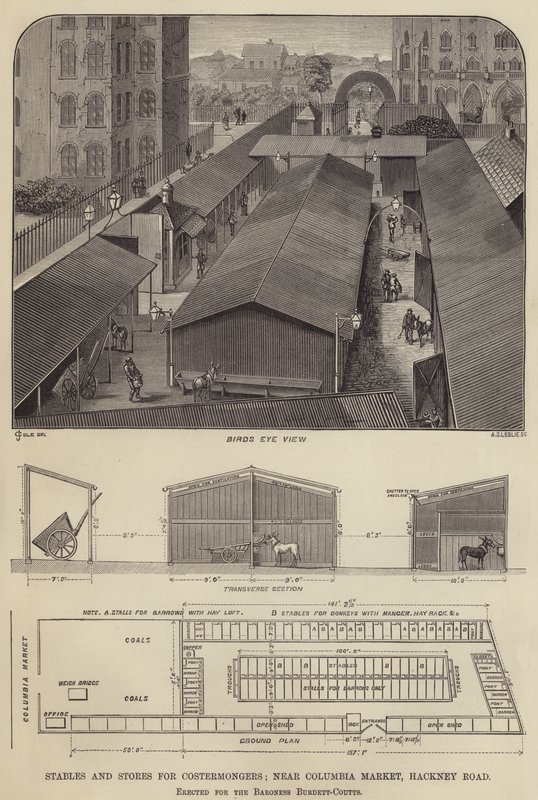 Staller og butikker for Costermongers, nær Columbia Market, Hackney Road, reist for baronesse Burdett-Coutts (gravering) av English School